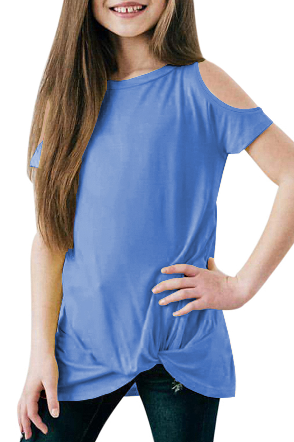 Sky Blue Cold Shoulder Twist Girls Short Sleeves Top