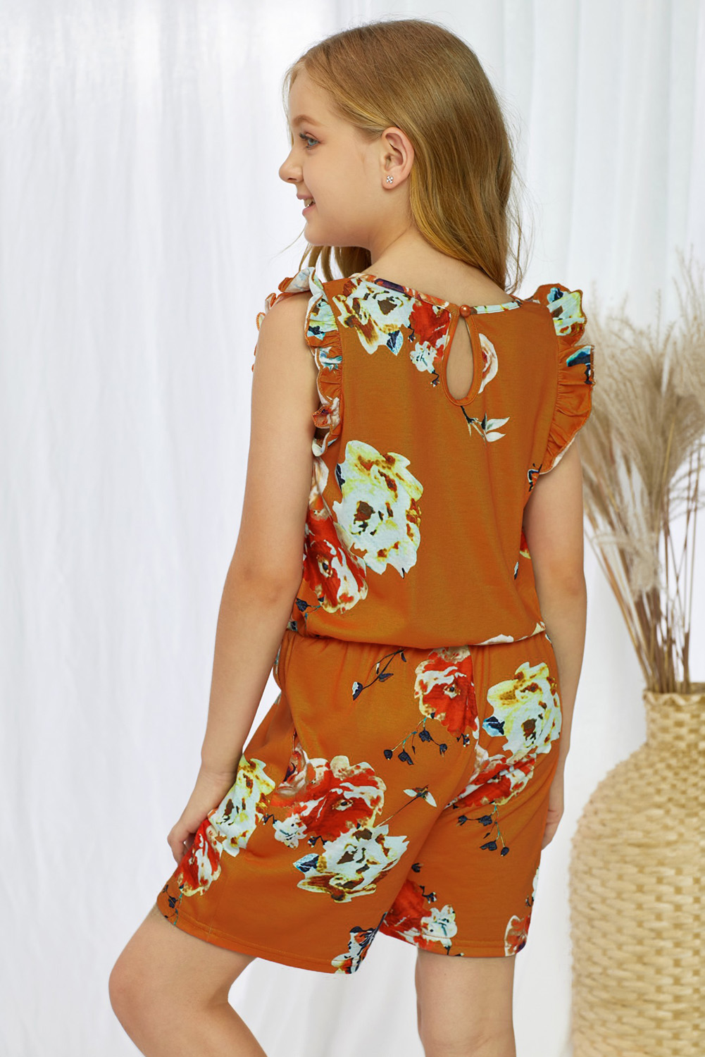 Orange Floral Print Ruffled Sleeveless Girls Romper