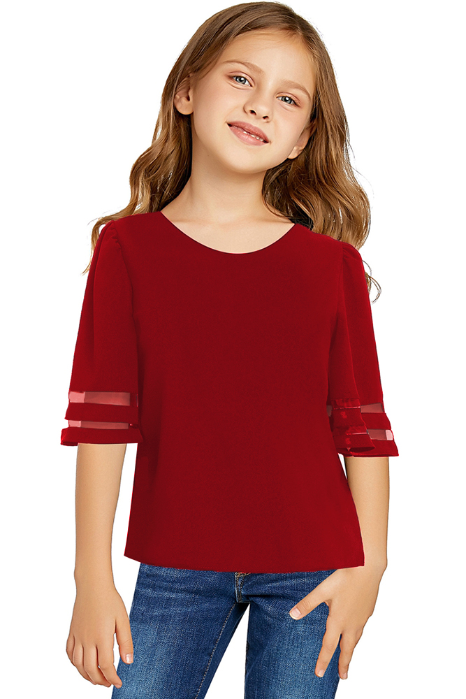 Red Girl's 3/4 Bell Sleeve Mesh Panel Blouse