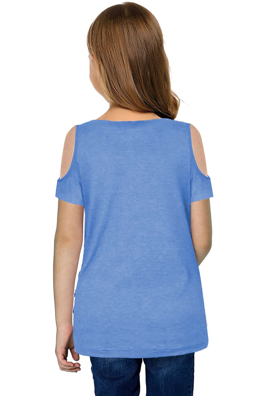 Sky Blue Cold Shoulder Twist Girls Short Sleeves Top