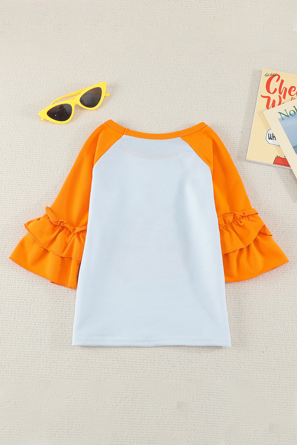 Pumpkin Print Colorblock Ruffled 3/4 Sleeve Girl's Shirt