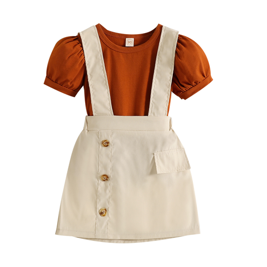 Girls Puff Sleeve Top & Buttoned Suspender Skirt Set