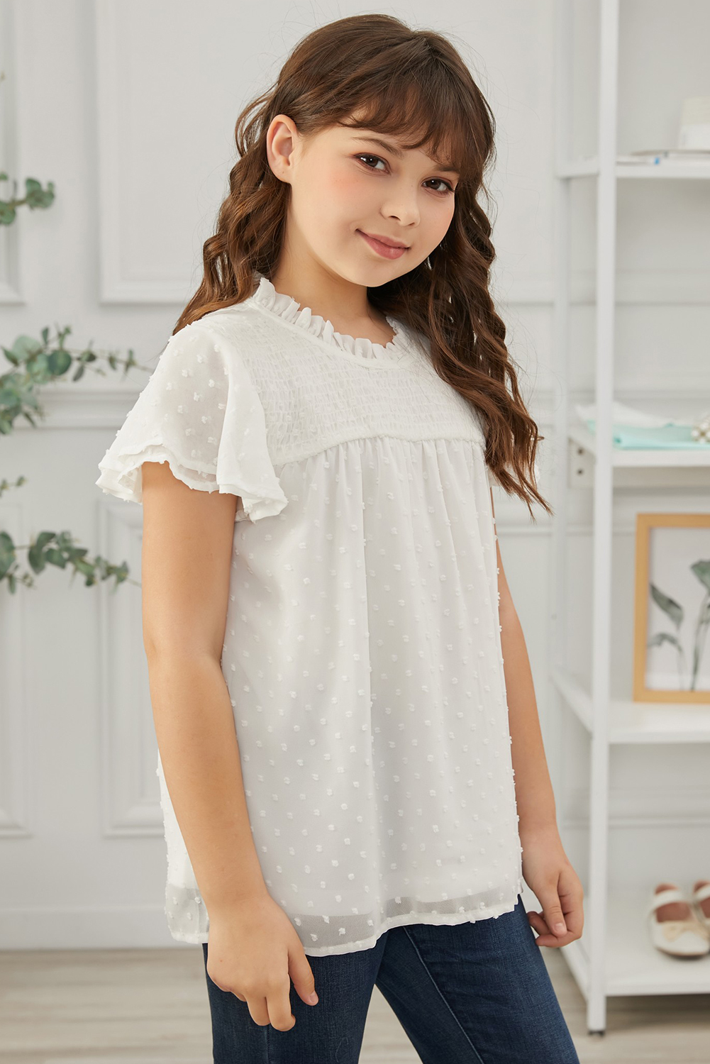 White Little Girl Swiss Dot Ruffle Sleeves Top