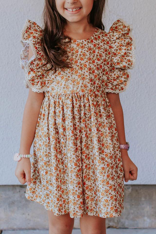 Orange Little Girls Floral Print Ruffled Sleeve Dress