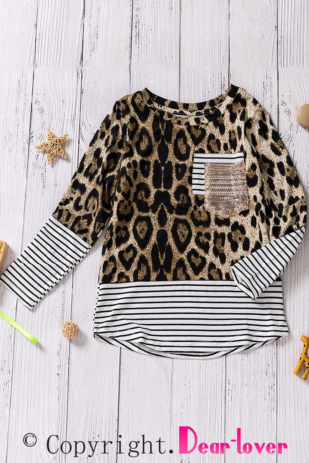 Leopard Stripe Patchwork Sequin Pocket Long Sleeve Girl's Top