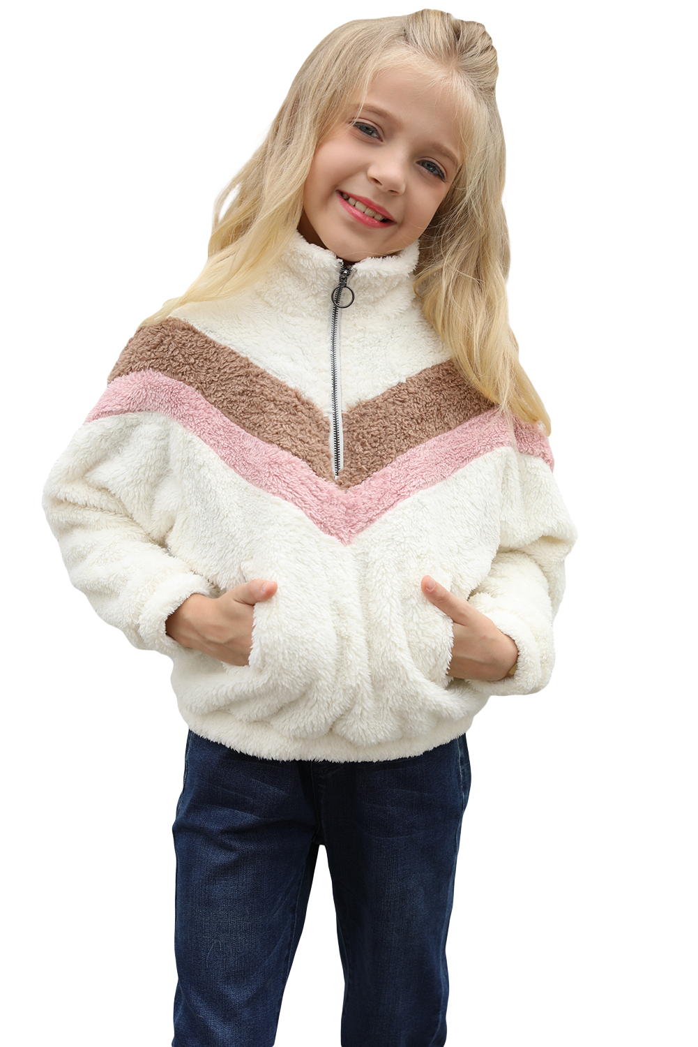 White Stripe Color Block Half Zip Girl Fleece Sweatshirt With Pocket