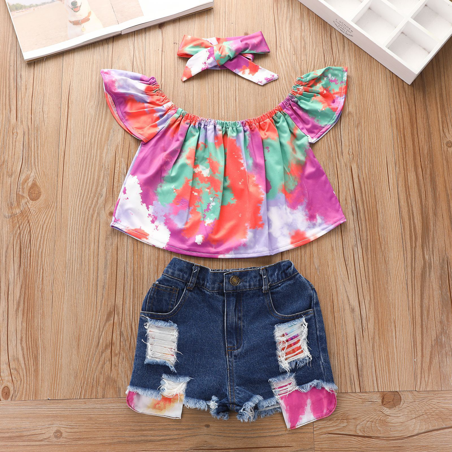 Girls' Off-Shoulder Top & Denim Shorts Set With Headband