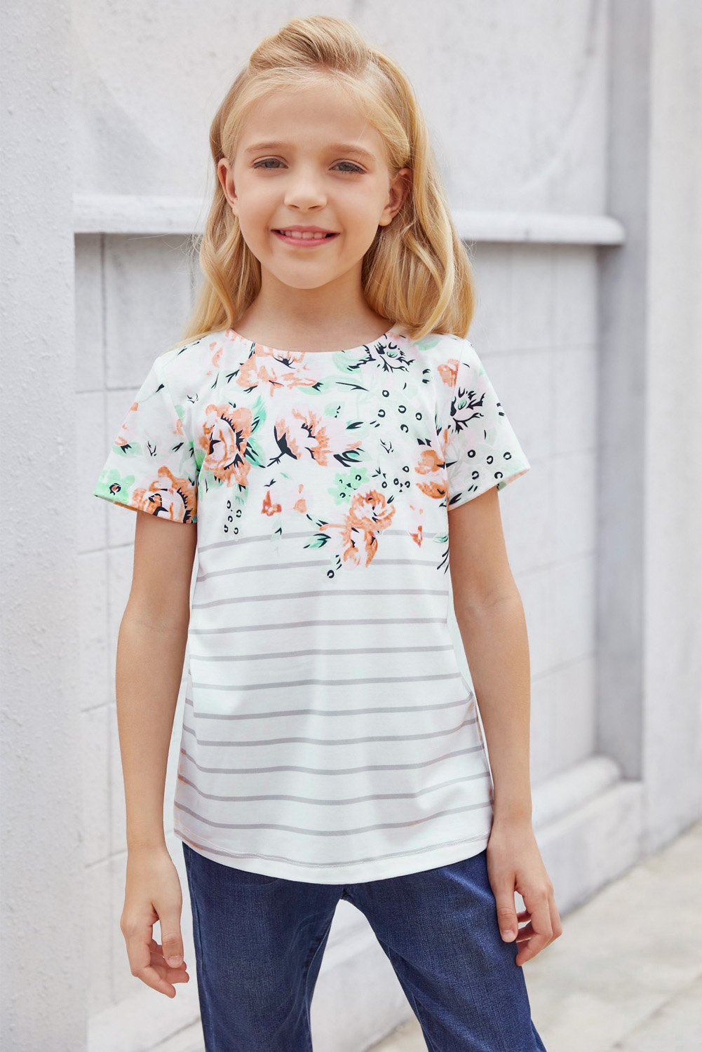 White Round Neck Floral Striped Print Kid's Tee