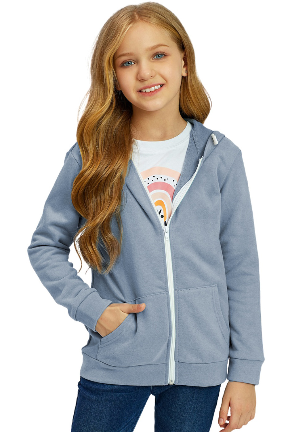 Sky Blue Zipper Hooded Girl’s Coat With Pocket