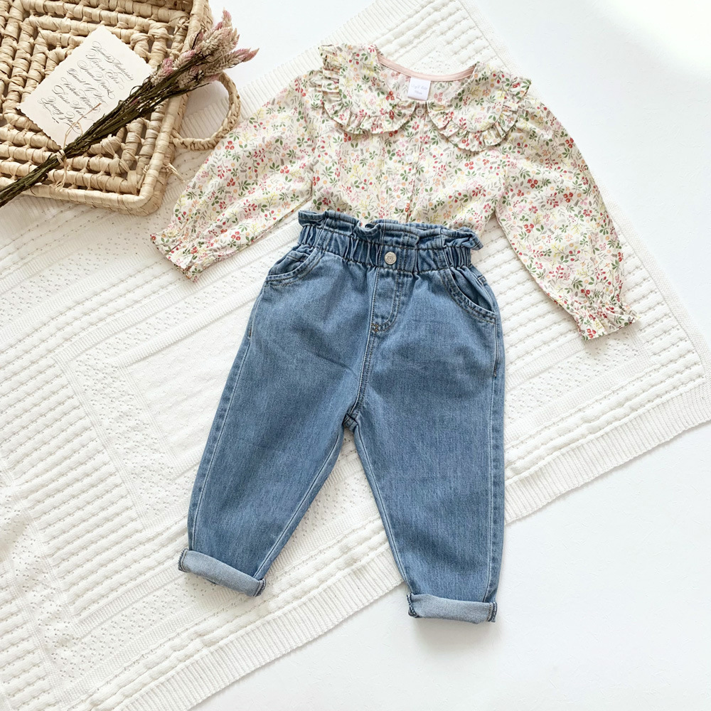 Girls Doll Collar Puff Sleeve Disty Floral Single-Breasted Blouse