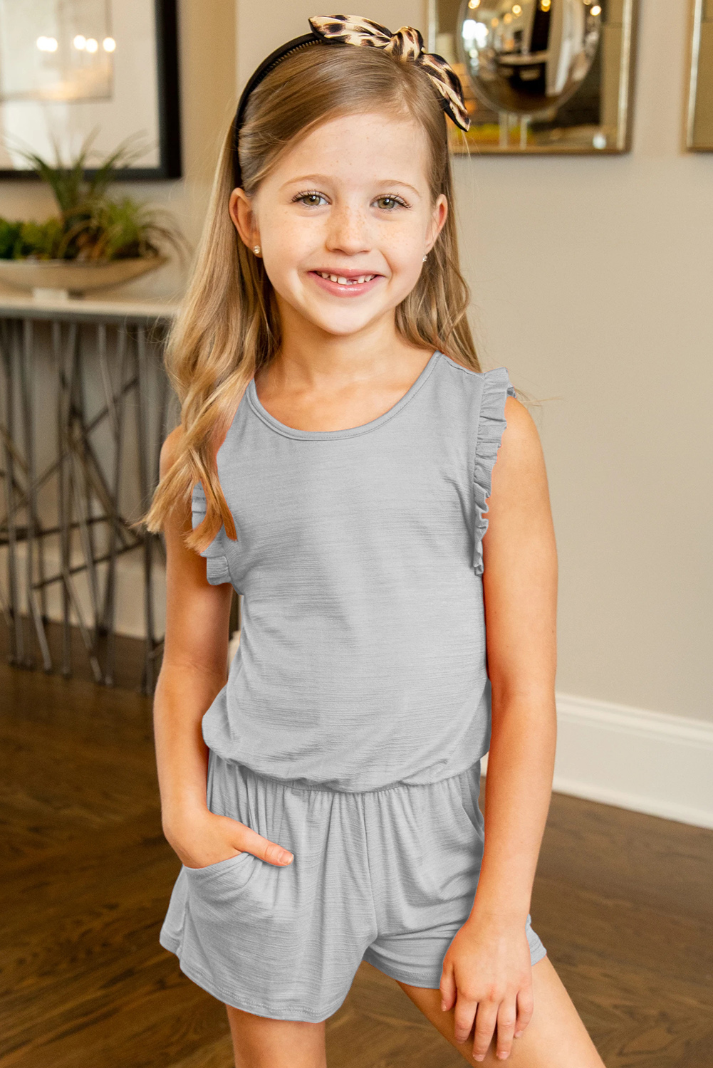 Gray Ruffled Sleeveless Little Girl Romper