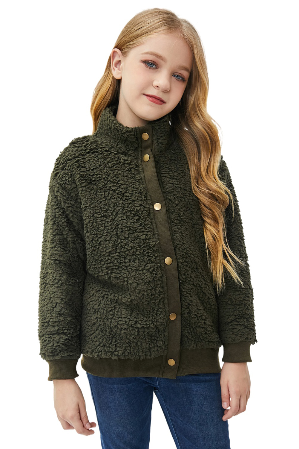 Green Buttoned Solid Fleece Girl's Coat