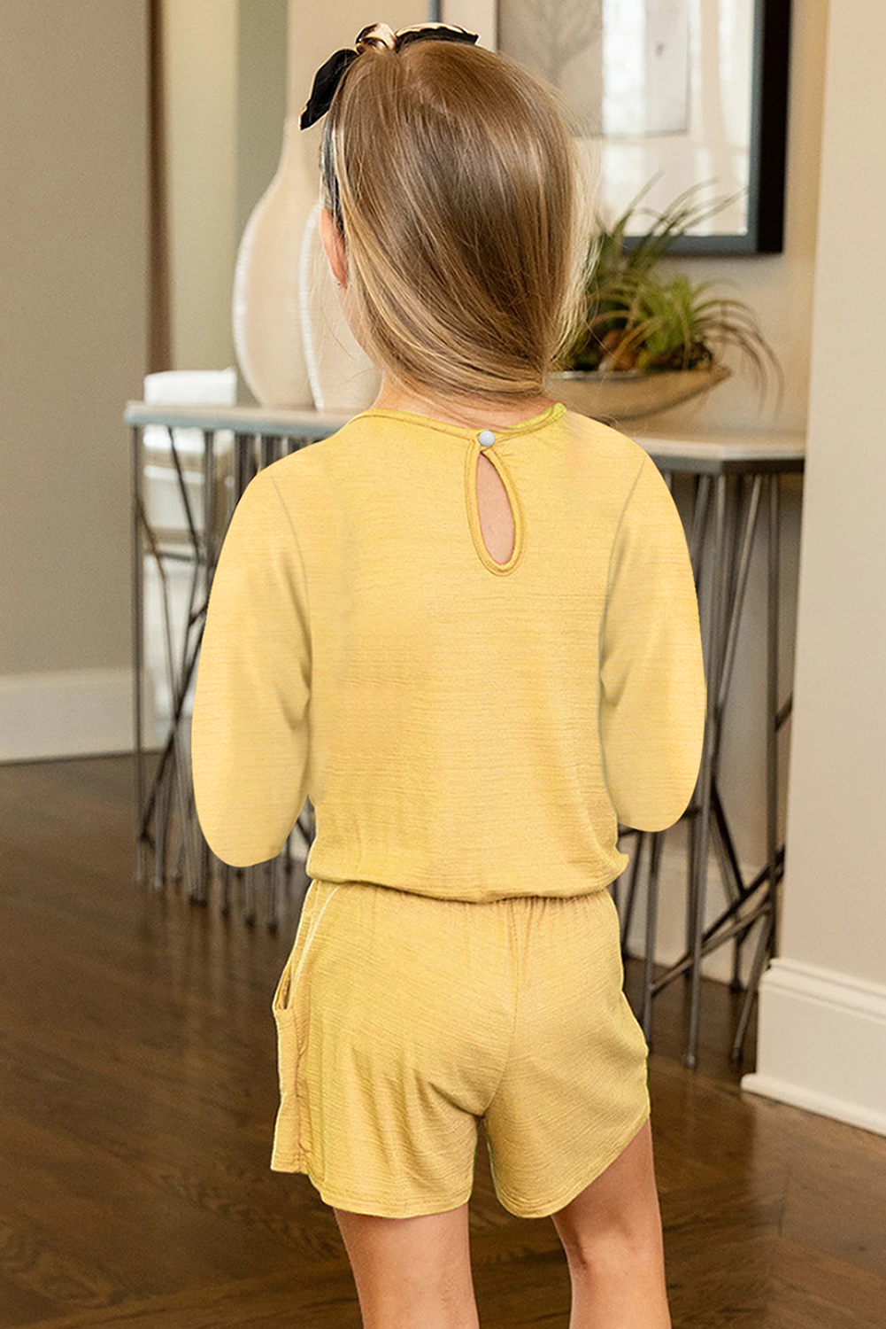 Yellow Solid Color Long Sleeve Elastic Waist Pocket Girl’s Romper