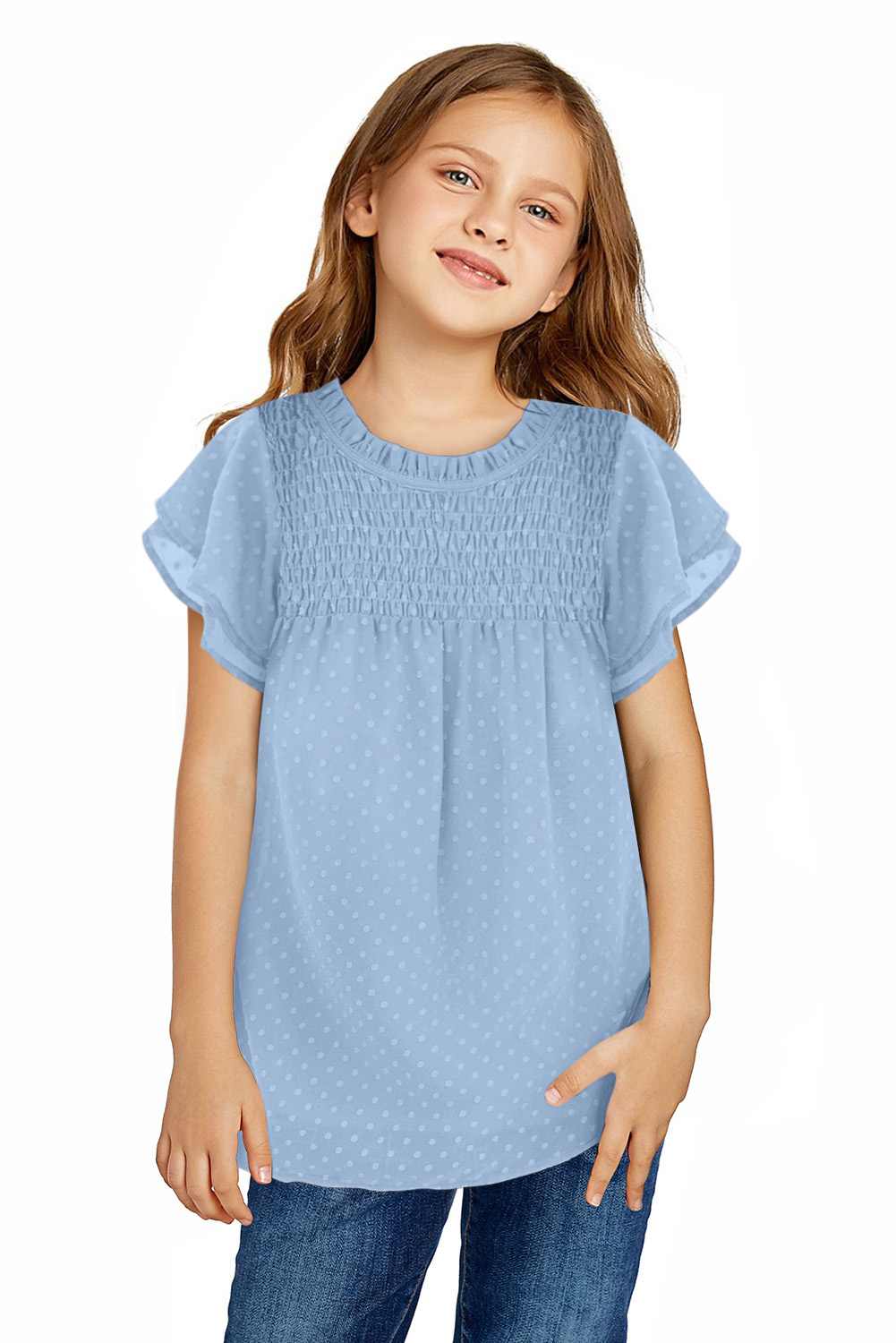 Sky Blue Little Girl Swiss Dot Ruffle Sleeves Top