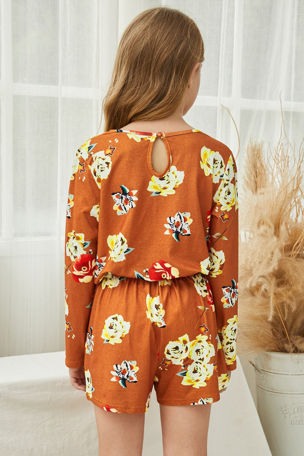 Orange Little Girls' Floral Long Sleeve Romper