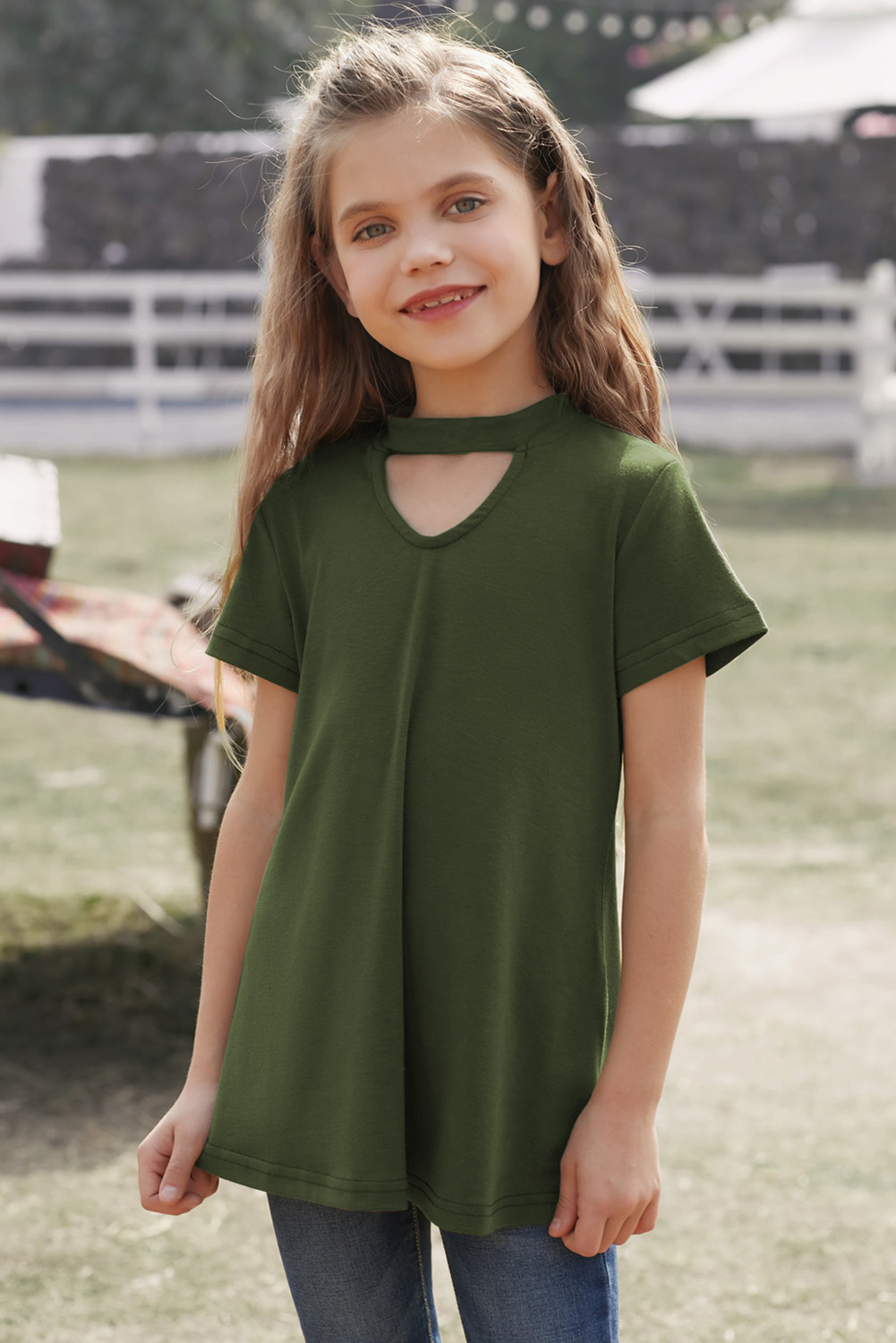 Green Keyhole Girl’s Short Sleeves Top