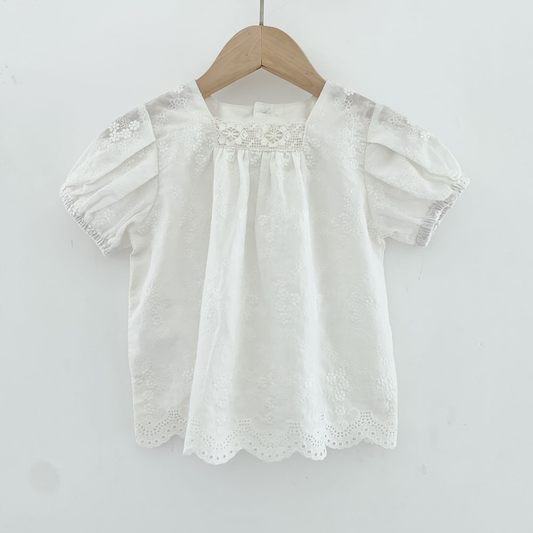 Girls Square Neck Puff Sleeve Lace Back-Buttoned Blouses