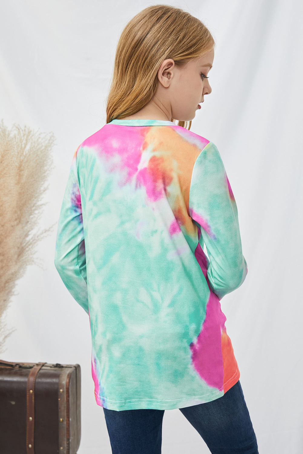 Green Tie Dyed Twist Knot Girl's Long Sleeve Top