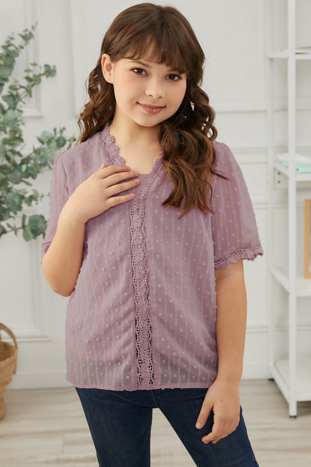 Pink Swiss Dot Lace Short Sleeve Girls Top