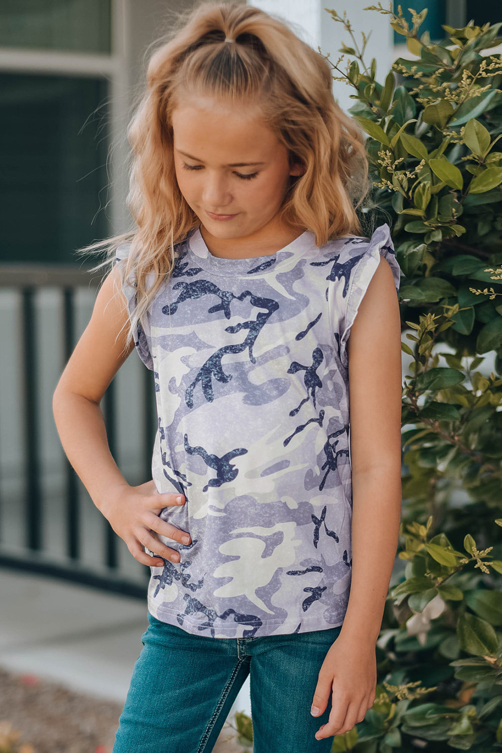 Gray Camo Print Flounced Armholes Little Girls' Tank