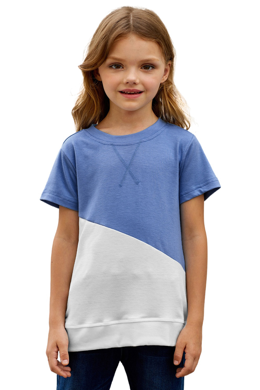 Sky Blue Colorblock Splicing Little Girl Tee