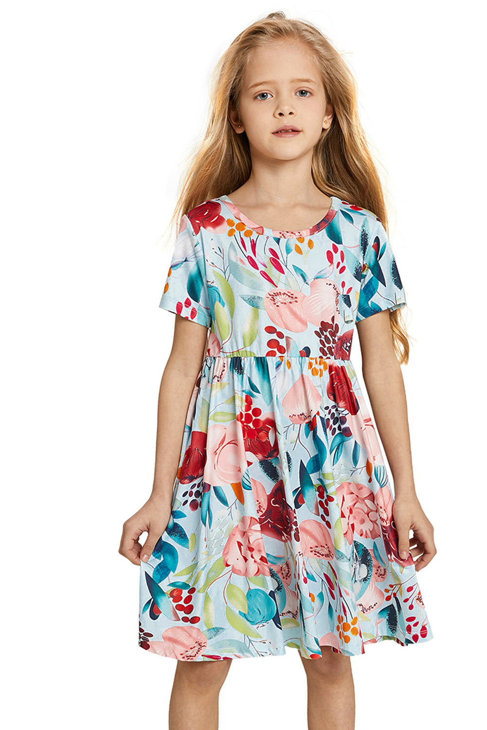 Sky Blue Crewneck Short Sleeve Floral Girl's Midi Dress