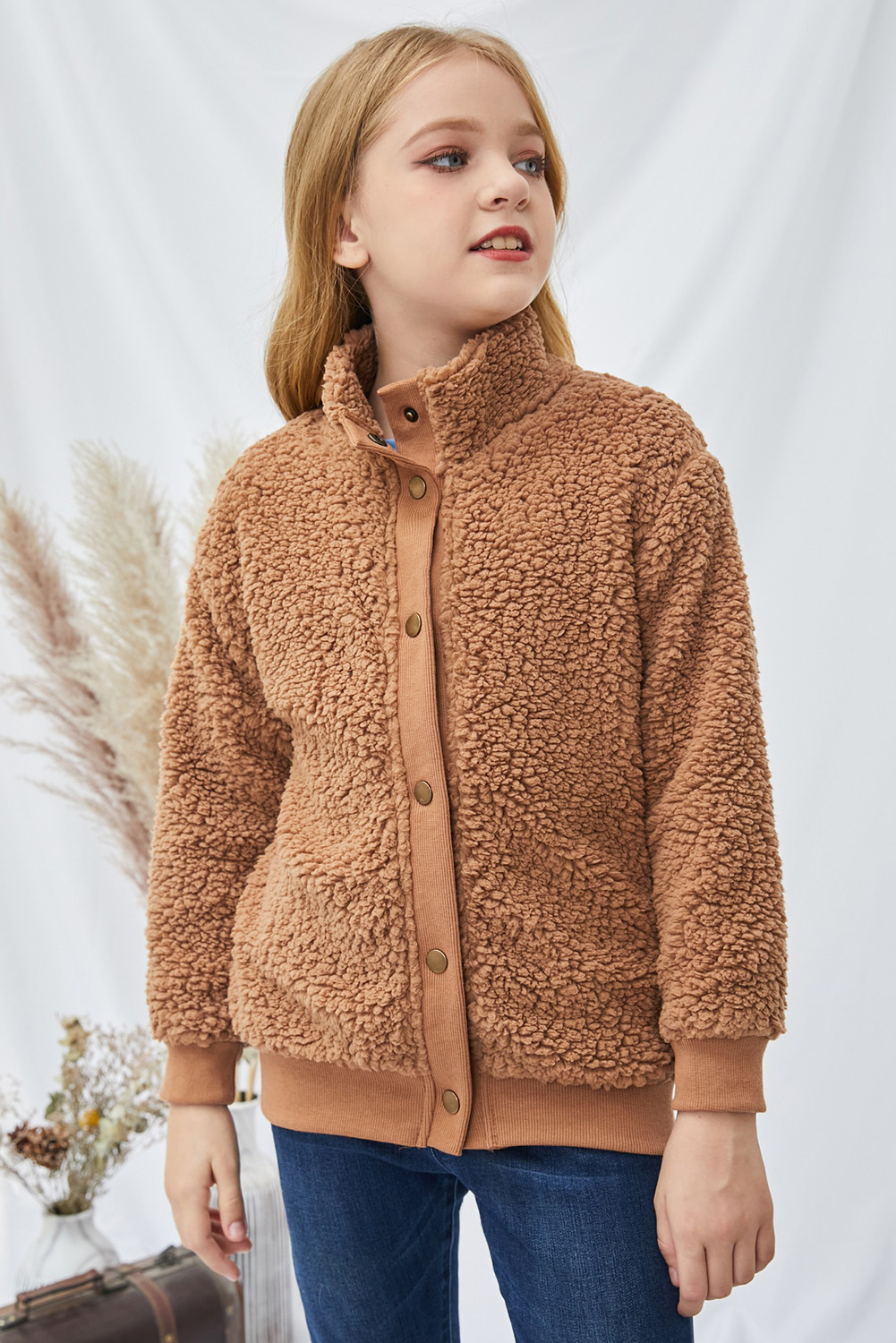 Brown Buttoned Solid Fleece Girl's Coat