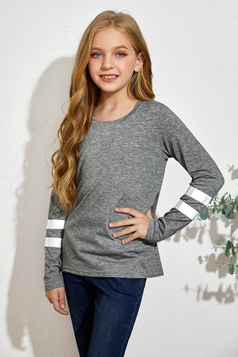 Gray Crewneck Striped Color Block Girl's Long Sleeve Top