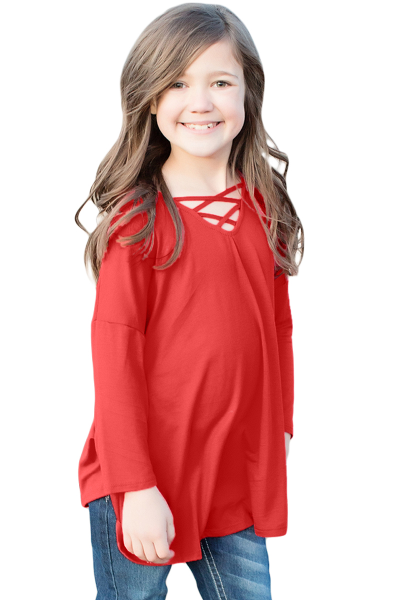 Red Long Sleeve Crisscross Top For Girls