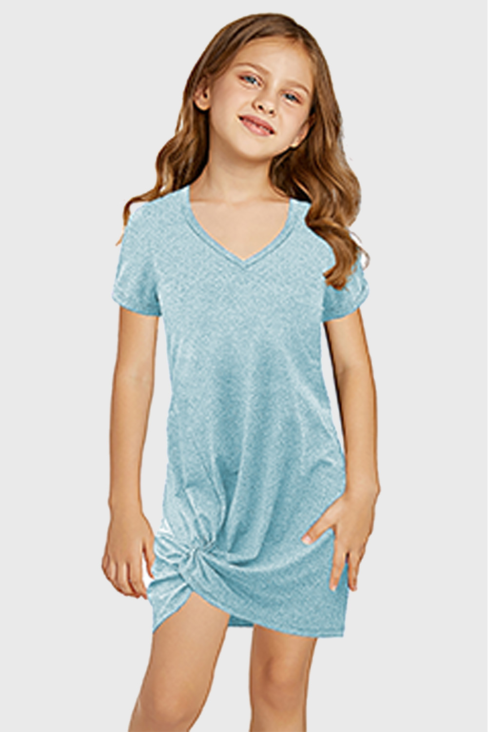 Sky Blue Little Girls' V Neck T-Shirt Mini Dress With Twist Hem