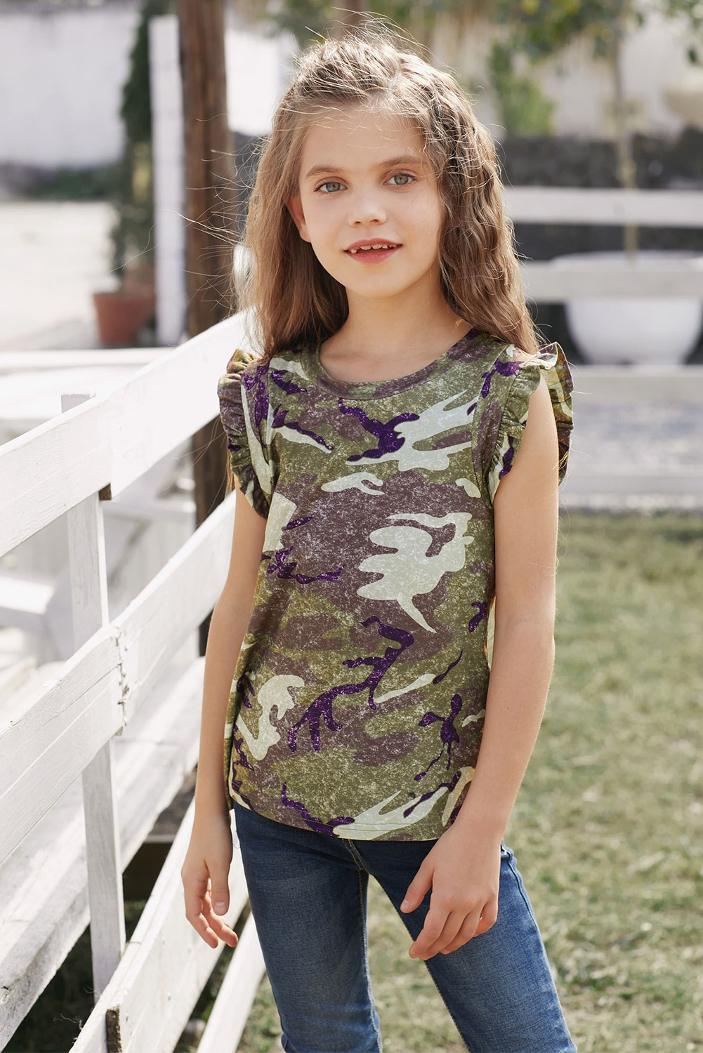 Green Camo Print Flounced Armholes Little Girls’ Tank