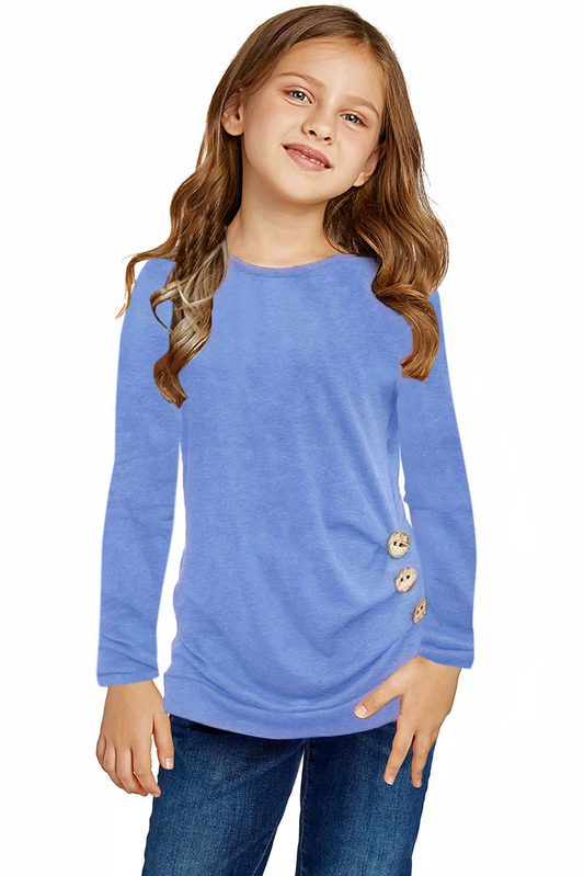 Sky Blue Little Girls Long Sleeve Buttoned Side Top