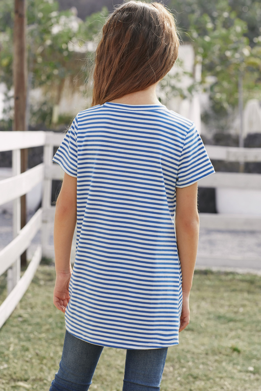 Blue Short Sleeve Front Twist Striped Girl's Top