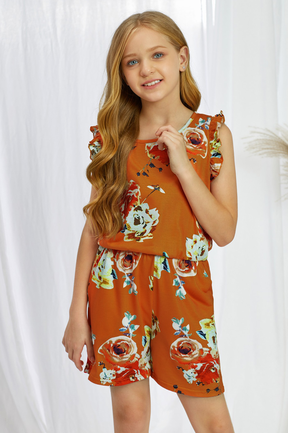 Orange Floral Print Ruffled Sleeveless Girls Romper