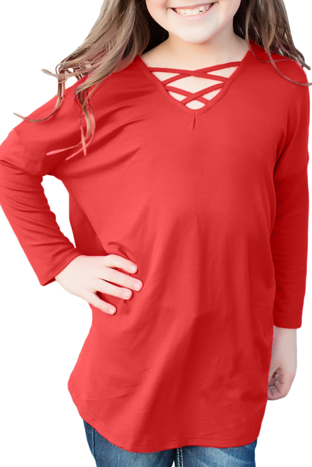 Red Long Sleeve Crisscross Top For Girls