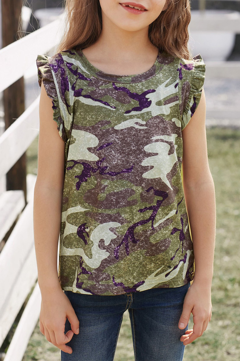 Green Camo Print Flounced Armholes Little Girls’ Tank