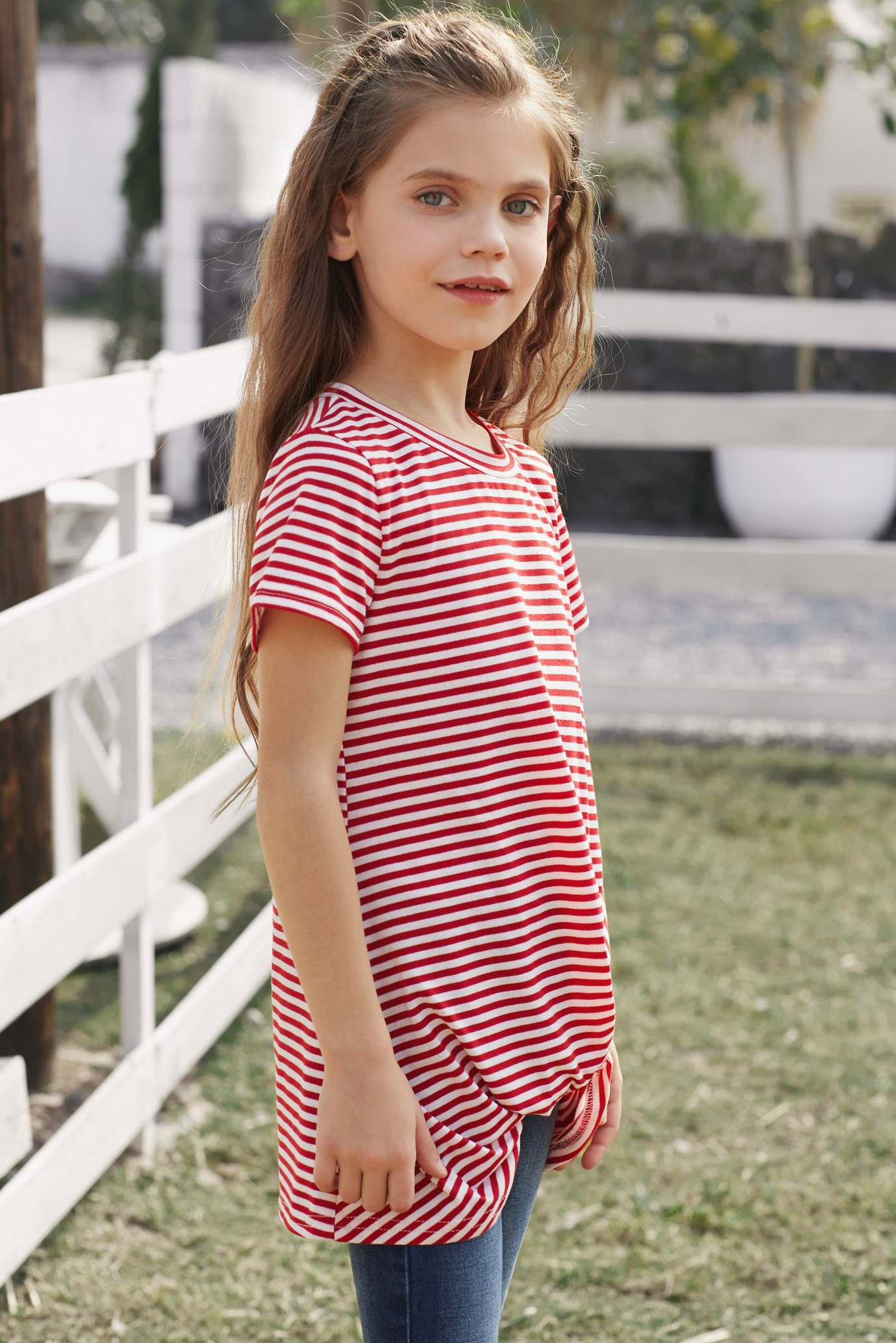 Red Short Sleeve Front Twist Striped Girl's Top