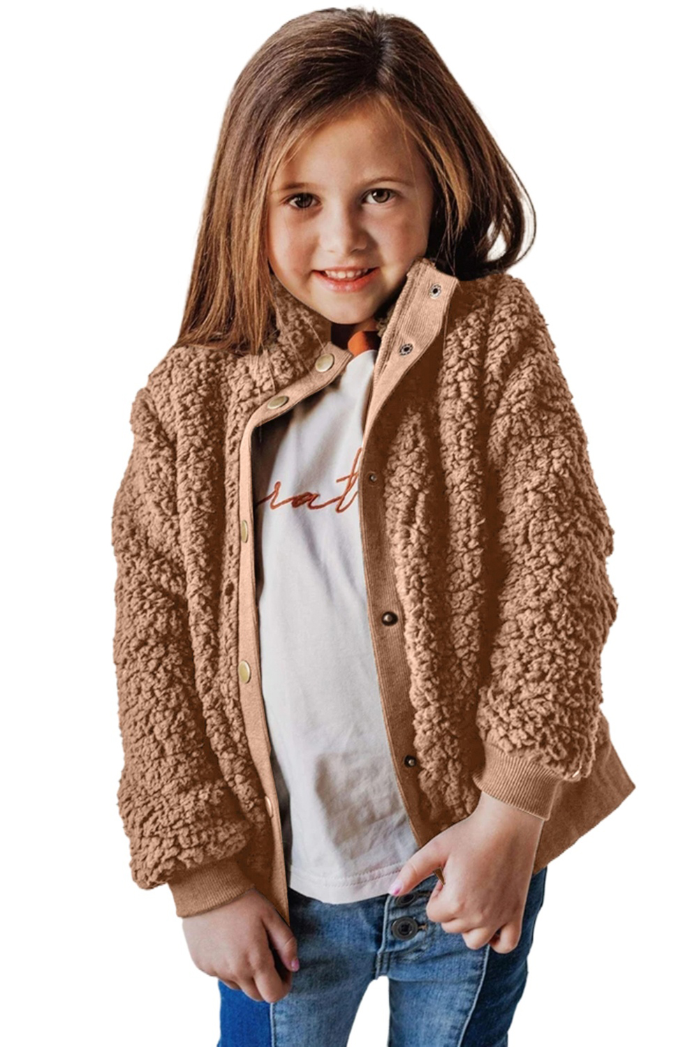 Brown Buttoned Solid Fleece Girl's Coat