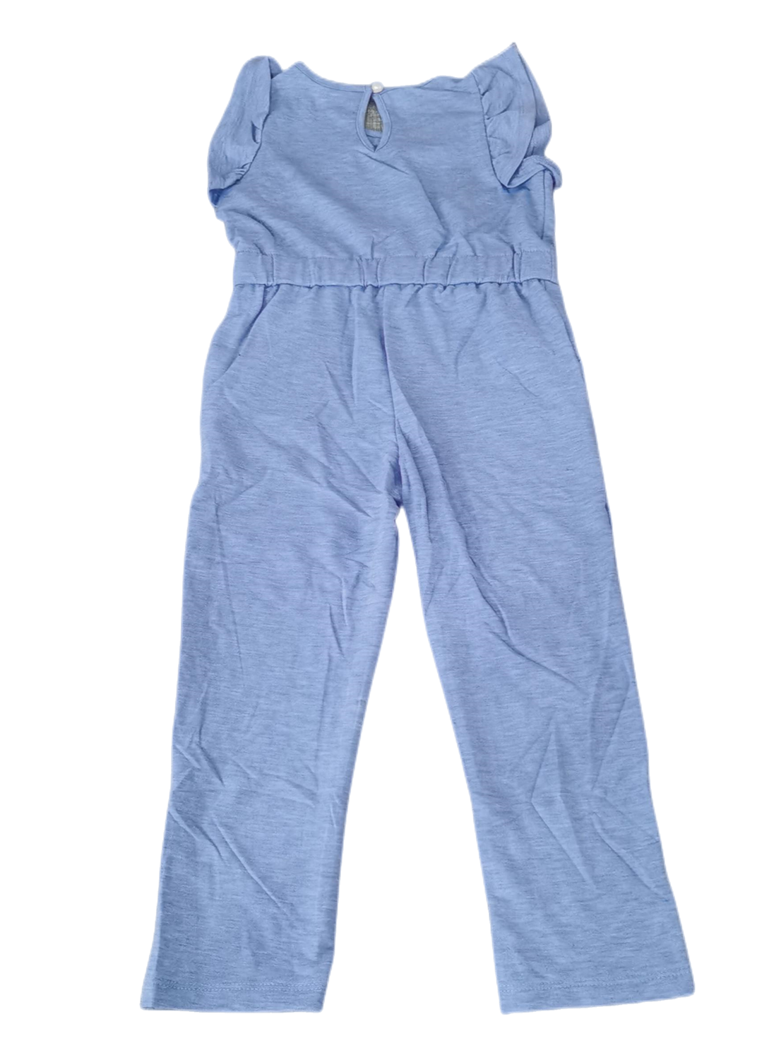 Sky Blue Little Girls Ruffled Shoulder Keyhole Back Jumpsuit With Pockets