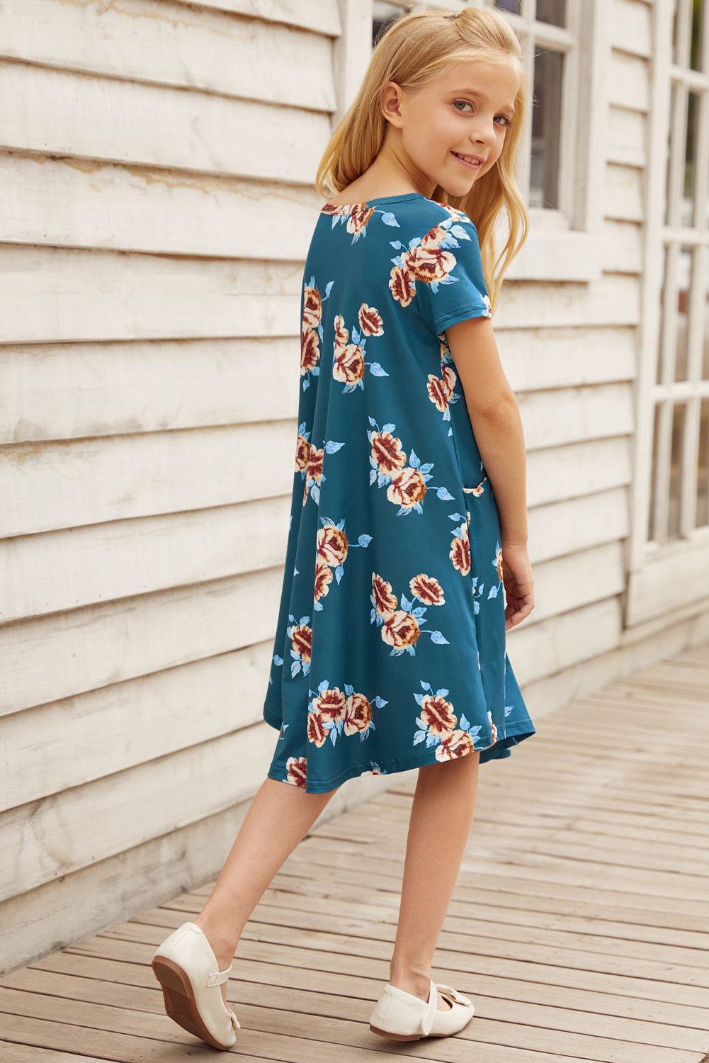 Green Floral Girls T-Shirt Midi Dress