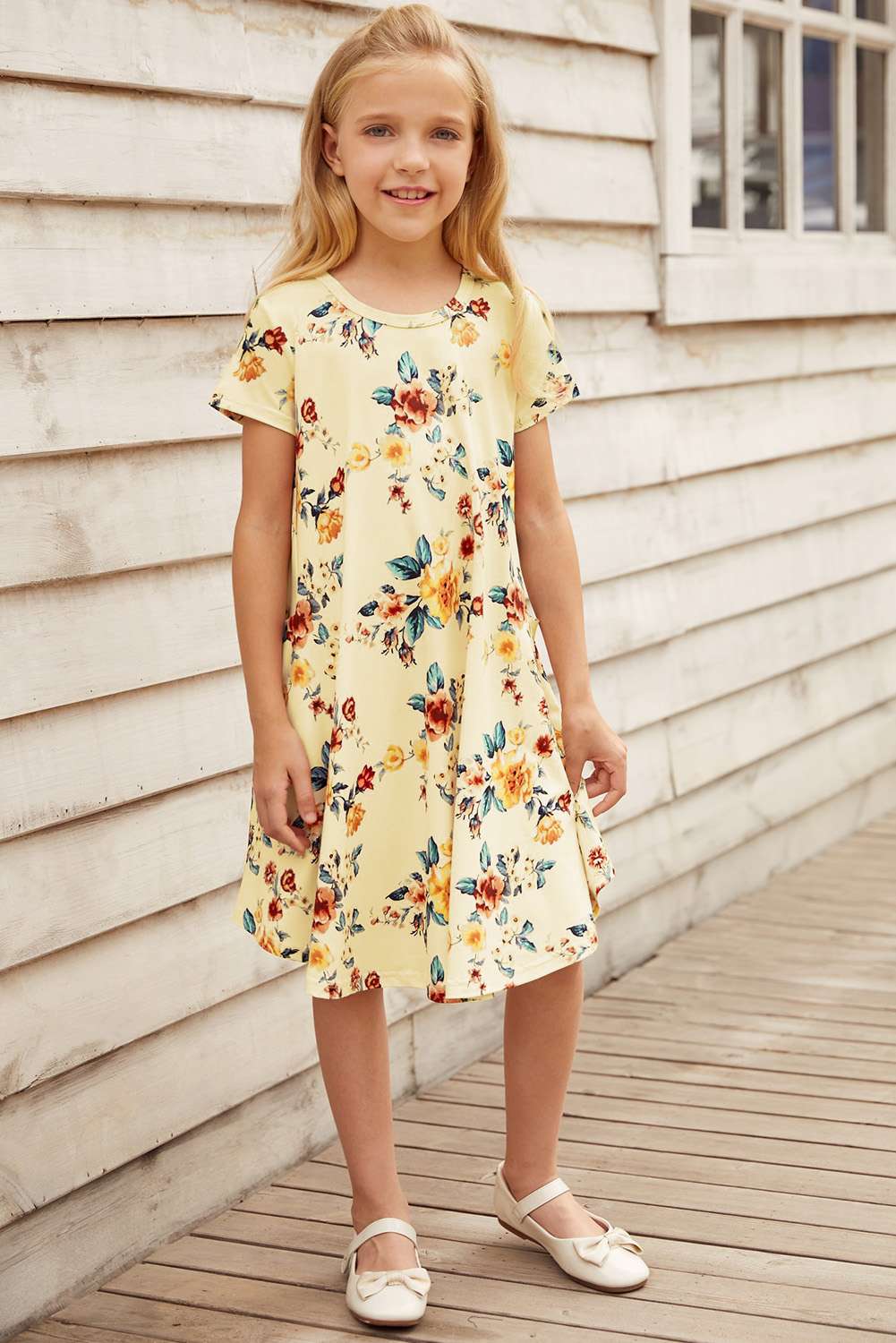 Yellow Floral Girls T-Shirt Midi Dress