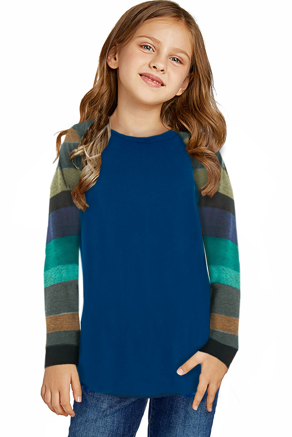 Blue Striped Color Block Girl's Long Sleeve Top