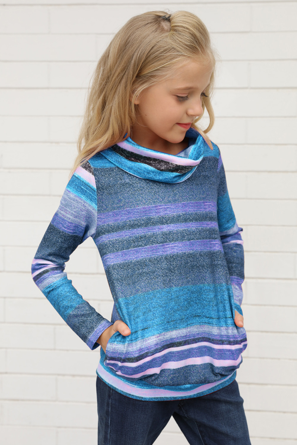 Sky Blue Cowl Neck Girl's Striped Sweatshirt