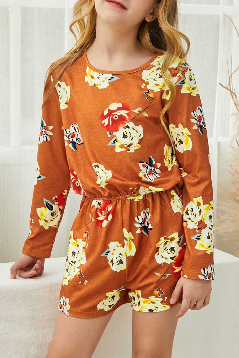 Orange Little Girls' Floral Long Sleeve Romper