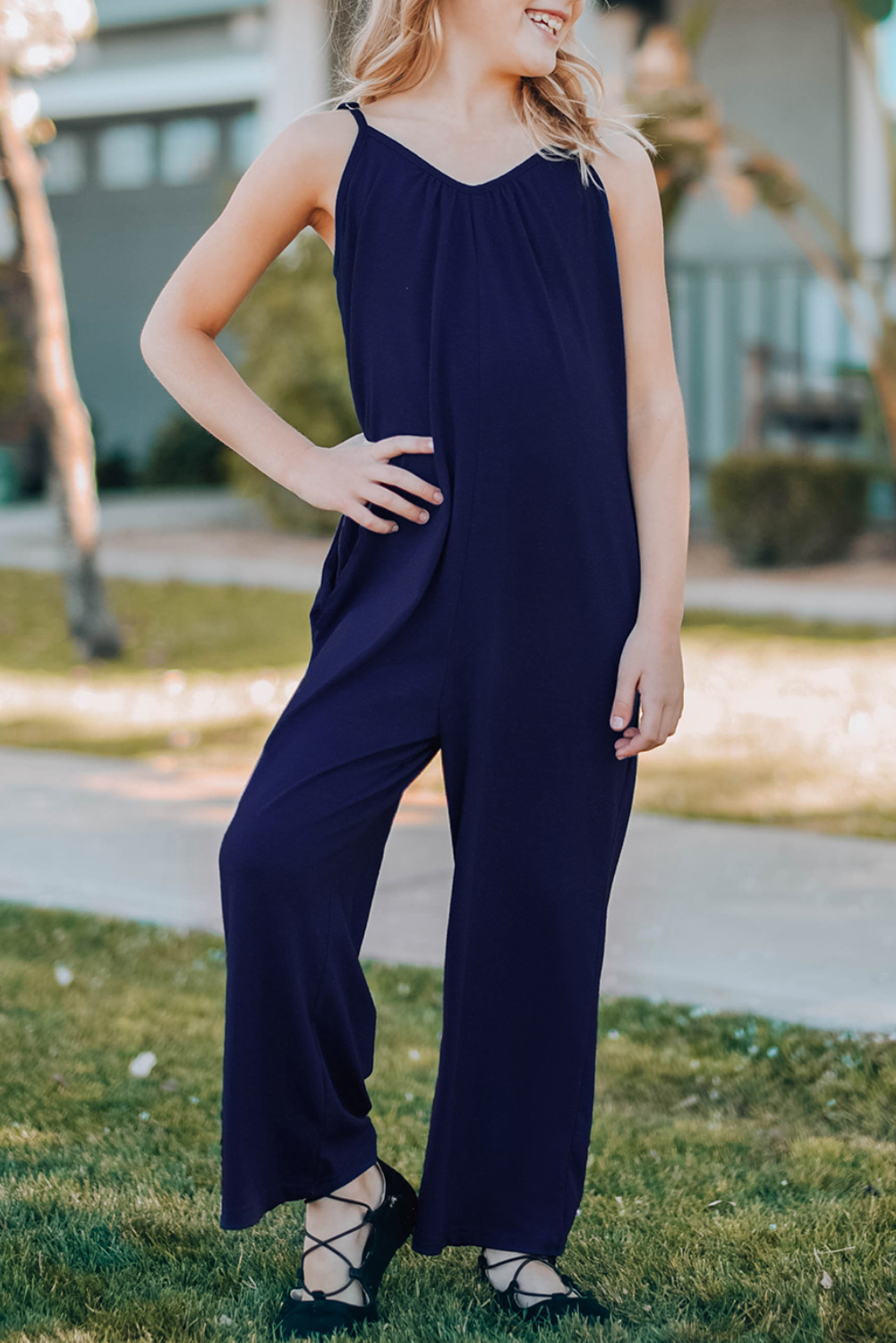 Blue Spaghetti Strap Wide Leg Girl's Jumpsuit With Pocket