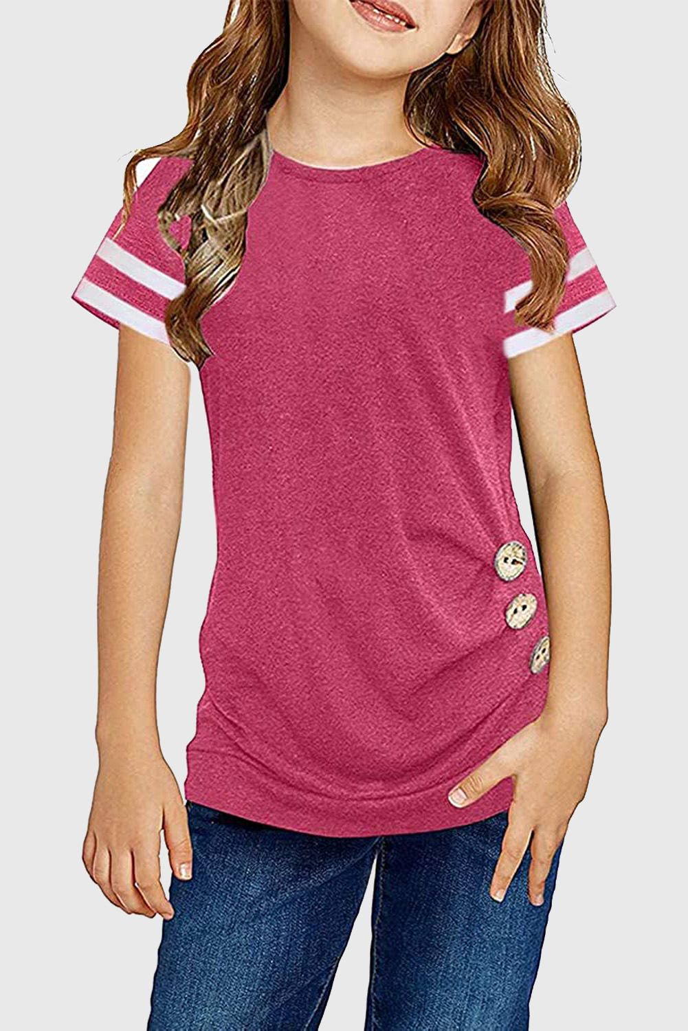 Rose Striped Sleeves Little Girl Tee With Buttoned Side