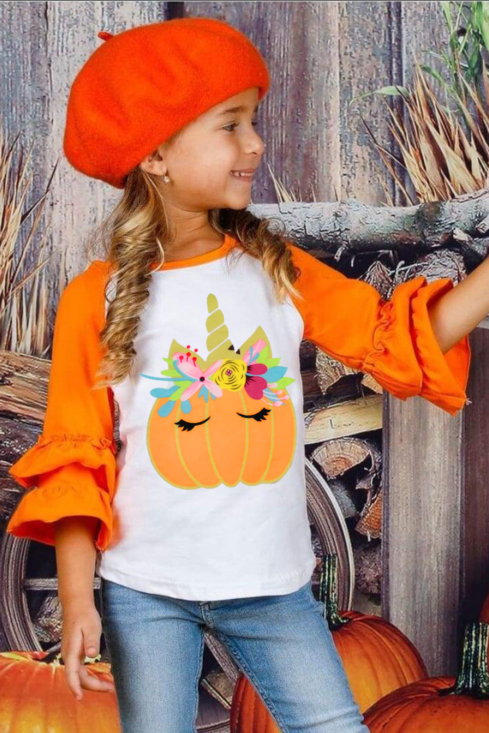 Pumpkin Print Colorblock Ruffled 3/4 Sleeve Girl's Shirt