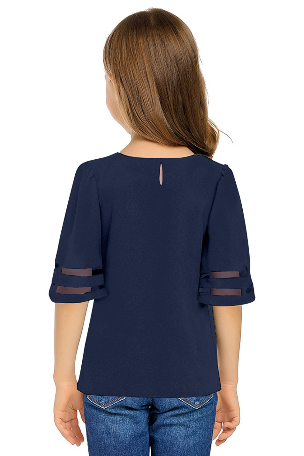 Dark Blue Girl's 3/4 Bell Sleeve Mesh Panel Blouse