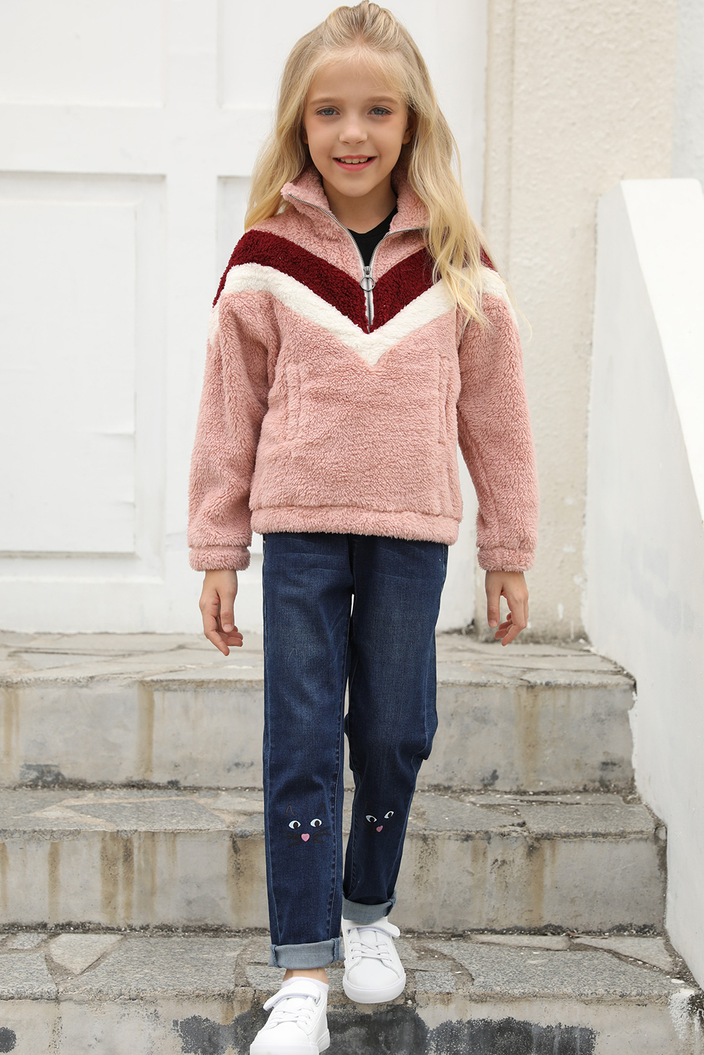 Pink Stripe Color Block Half Zip Girl Fleece Sweatshirt With Pocket