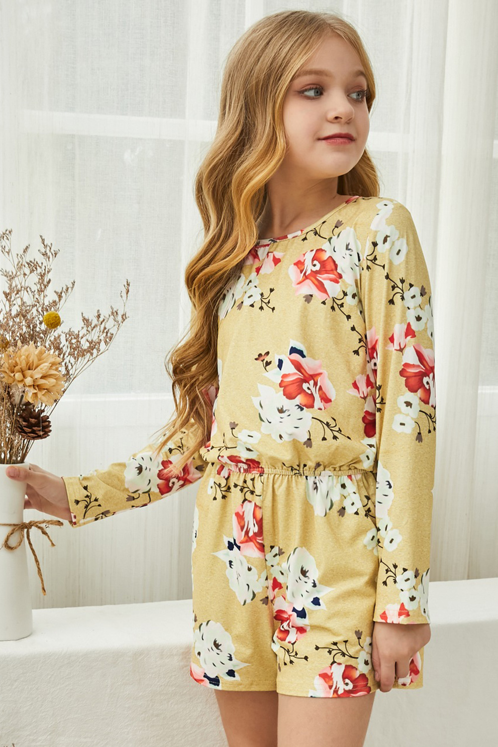 Yellow Little Girls' Floral Long Sleeve Romper